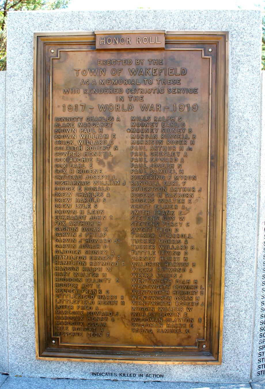 Wakefield New Hampshire World War I Veterans Honor Roll