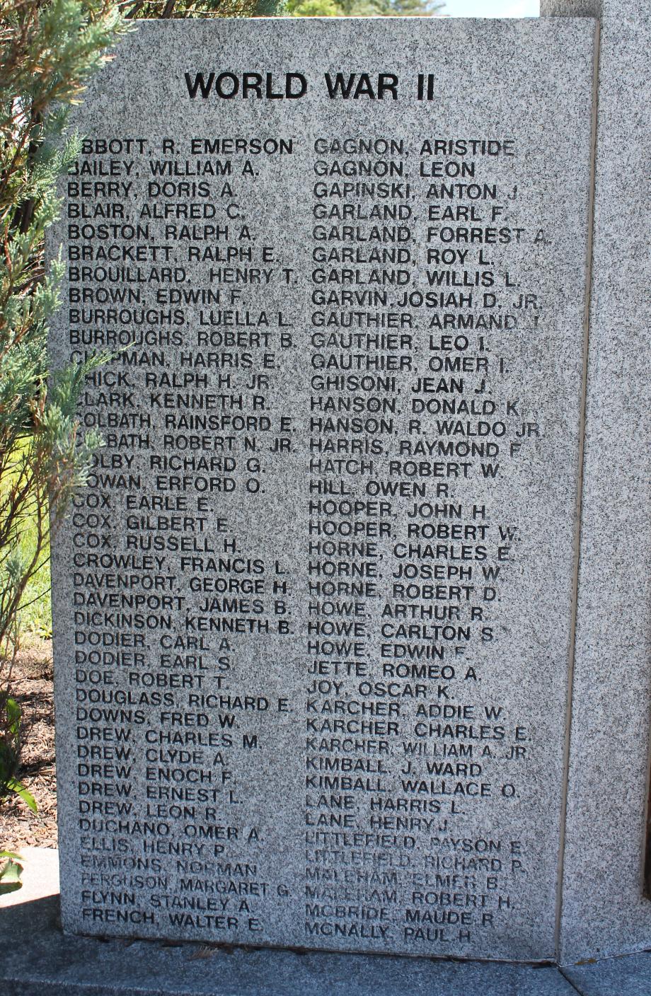 Wakefield New Hampshire World War II Veterans Honor Roll